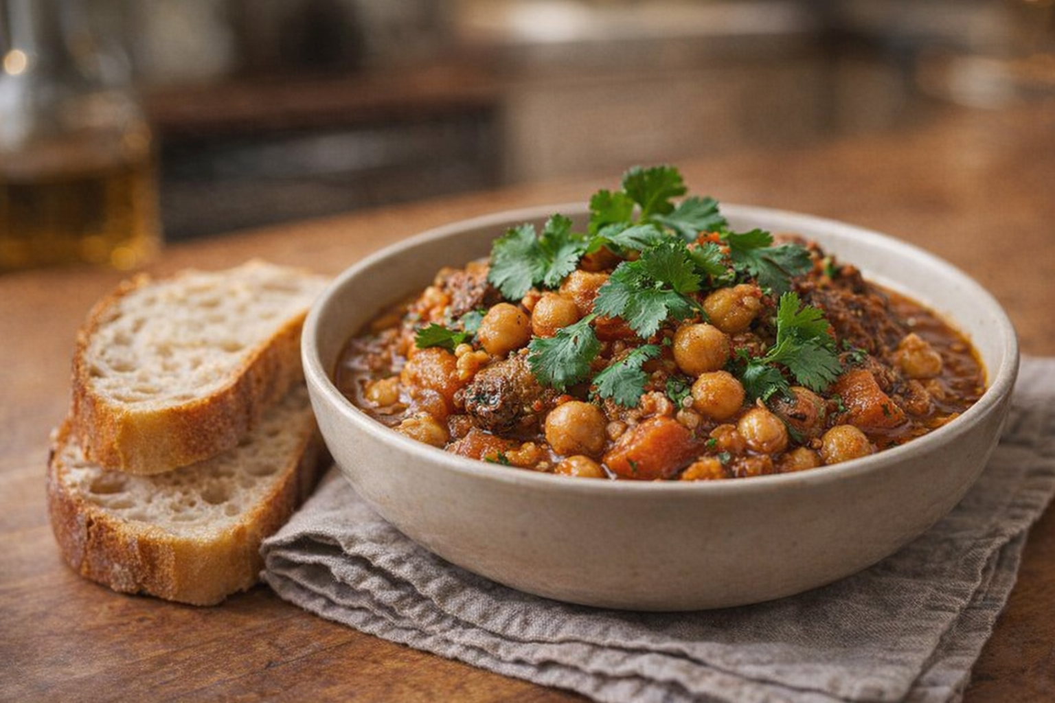 A beautifully plated bowl of Moroccan Chickpea Tagine, garnished with fresh cilantro and served with crusty bread, warm and inviting lighting